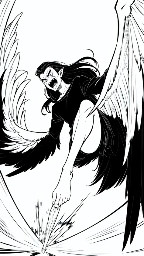 1man,40s,mature male,angry,open mouth,fangs,((wild)),long hair,black hair,pointy ears,harpy,wings,no arms,(white background,line drawing),from below,wild,scare,looking to view,torn clothes,leaning forward,extreme wide angle, Ground view,standing on one leg...