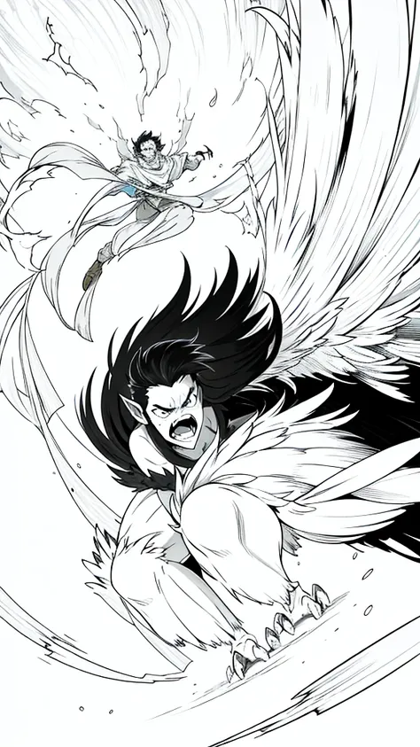 1man,40s,mature male,angry,open mouth,fangs,((wild)),long hair,black hair,pointy ears,harpy,wings,no arms,(white background,line...