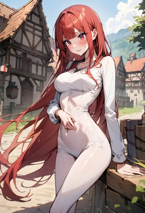 ((masterpiece,Highest quality:1.3)),1woman,30 year old beauty,独奏,((very small head:1.3)),red hair,long hair,blunt bangs,red eyes,gorgeous eyes,shy,medium breasts,((very long body:1.2)),((toned body,slender body,)),skinny,gleaming skin,shiny skin,sweat,(Whi...