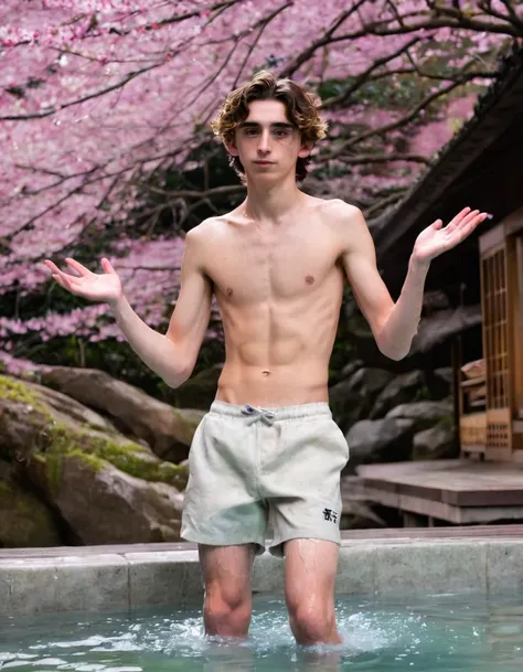 Timothée Chalamet, sweaty teen boy, in water, in japanese sakura cherry blossom onsen, no clothing, far from camera, whole body, braces, age 19, wavy tiktok hair, boxer, bare feet, wearing no t-shirt topless, japanese onsen temple, short fine armpit hair, ...