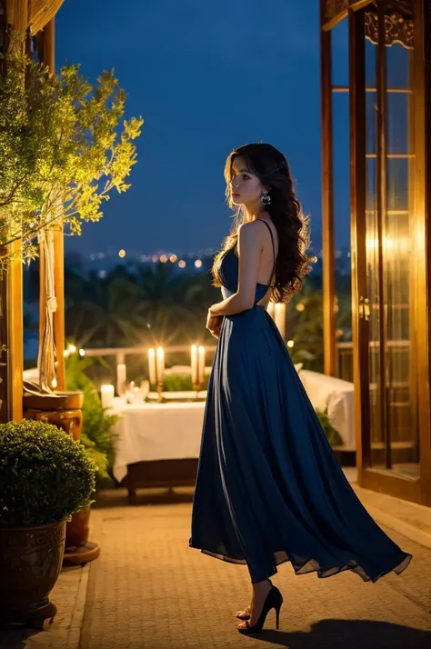 Full body high fashion, wavy long hair, floating hair by the wind, extreme artistic, intricate poses, Incredible photorealistic high resolution camera pics in the style of gardenia of a luxury scenic at gazebo full of flowers in rooftop with Jakarta city s...