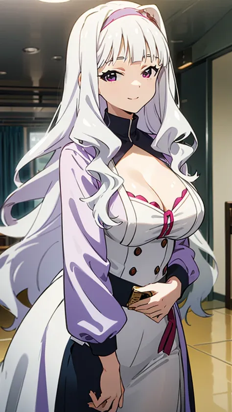 , takane shijou, long white hair, white skin, Cleavage, cowboy shot, (smile: 1.2), (looking at the viewer), indoor,big breasts