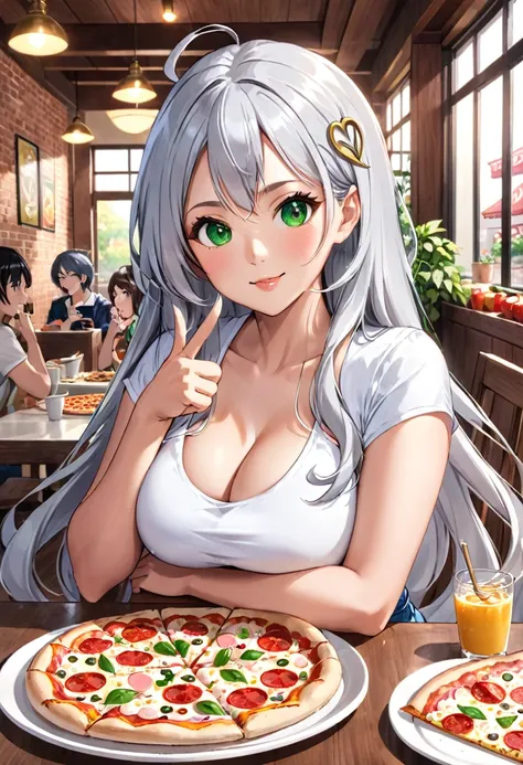 Pretty asian woman, bright silver hair, long hair, green eyes, perfect face, busty, sitting at a table, peace sign pose, about to eat a pizza, anime style 