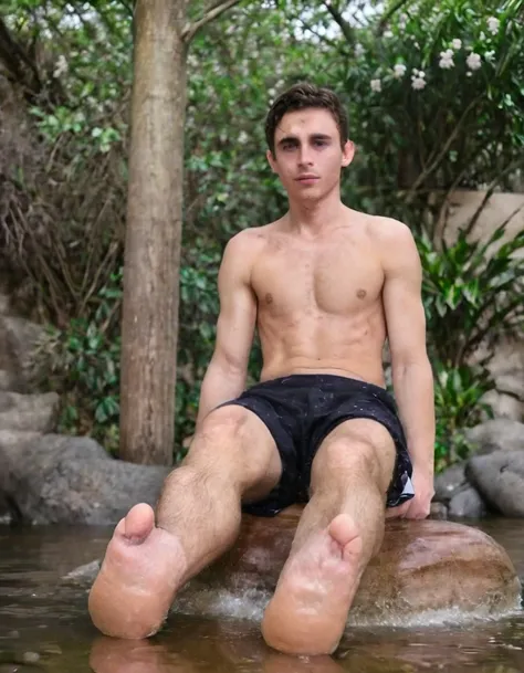 Timothée Chalamet, sweaty teen boy, in water, in japanese sakura cherry blossom onsen, no clothing, far from camera, whole body, braces, age 19, wavy tiktok hair, boxer, bare feet, wearing no t-shirt topless, japanese onsen temple, short fine armpit hair, ...