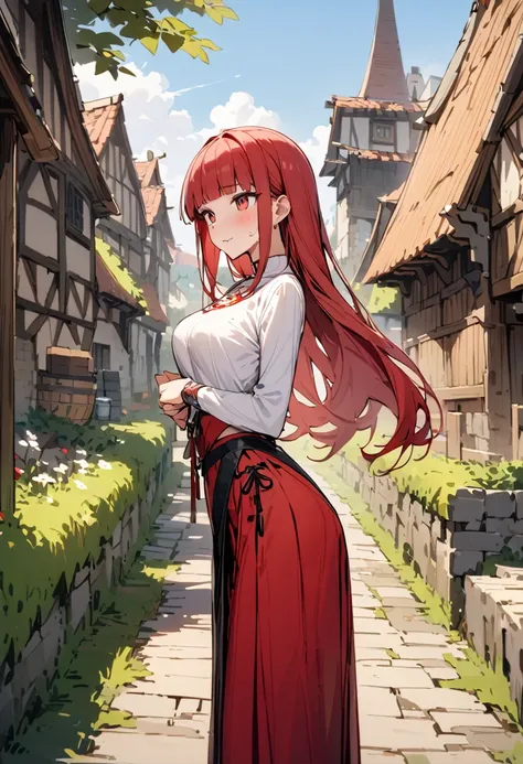 ((masterpiece,Highest quality:1.3)),1woman,30 year old beauty,独奏,((very small head:1.3)),red hair,long hair,blunt bangs,red eyes,gorgeous eyes,shy,medium breasts,((very long body:1.2)),((toned body,slender body,)),skinny,gleaming skin,shiny skin,sweat,((Re...