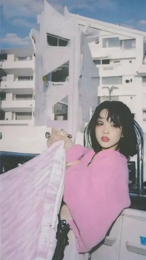 Best Quality, Masterpiece,Ultra High Resolution, (Realisticity:1.4),Original Photo, 1 Girl, light leak,dark intens shadow,wear (pink oversize bomber hoodie), wear (white short pants),black long hairstyles, plumpy body, background (80s mondrian architecture...