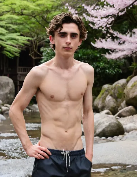 Timothée Chalamet, sweaty teen boy, in water, in japanese sakura cherry blossom onsen, no clothing, far from camera, whole body, braces, age 19, wavy tiktok hair, boxer, bare feet, wearing no t-shirt topless, japanese onsen temple, short fine armpit hair, ...