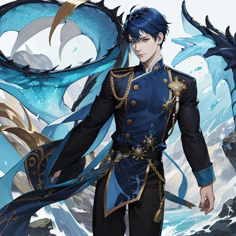 (absurdres, highres, ultra detailed, realistic, ), masculine man, solo, alone, sea, deep blue hair, draconic blue scales on skin, pale skin, golden hunter eyes, navy blue horns curved backwards, serene expression, traditional clothes