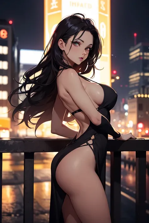 masterpiece, best quality, shadows, perfect hands, perfect legs, perfect anatomy, pretty face, mature features, 1 girl, 21 years old, mature woman, sexy black dress, city night background, white long hair, thighs, ass, breast, seductive, spicy, posing, cin...