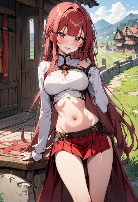 ((masterpiece,Highest quality:1.3)),1woman,30 year old beauty,独奏,((very small head:1.3)),red hair,long hair,blunt bangs,red eyes,gorgeous eyes,shy,medium breasts,((very long body:1.2)),((toned body,slender body,)),skinny,gleaming skin,shiny skin,sweat,((Re...