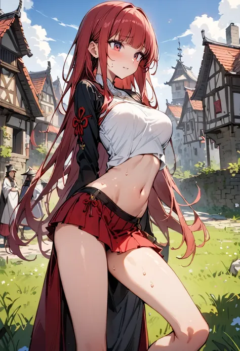 ((masterpiece,Highest quality:1.3)),1woman,30 year old beauty,独奏,((very small head:1.3)),red hair,long hair,blunt bangs,red eyes,gorgeous eyes,shy,medium breasts,((very long body:1.2)),((toned body,slender body,)),skinny,gleaming skin,shiny skin,sweat,((Re...