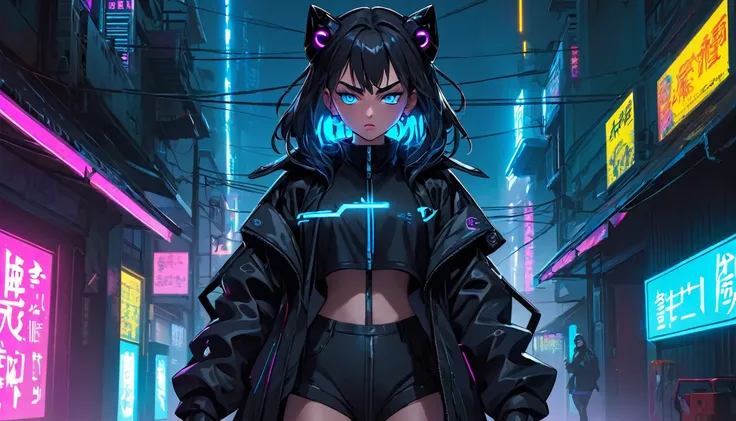 Angry girl 1 person, full body, cyberpunk, blue eyes, glowing eyes, black coat, open coat, neon, teen