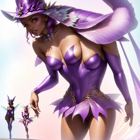 cartoon image of a woman dressed in a purple dress and hat, tinkerbell, faerierie, Exotic Fey Destaques, purple leather wings, elf character, Thierry Mugler, linda faerie, lycra costume, faerieries, Margot Robbie como uma faerie, sil of the species, exotic...