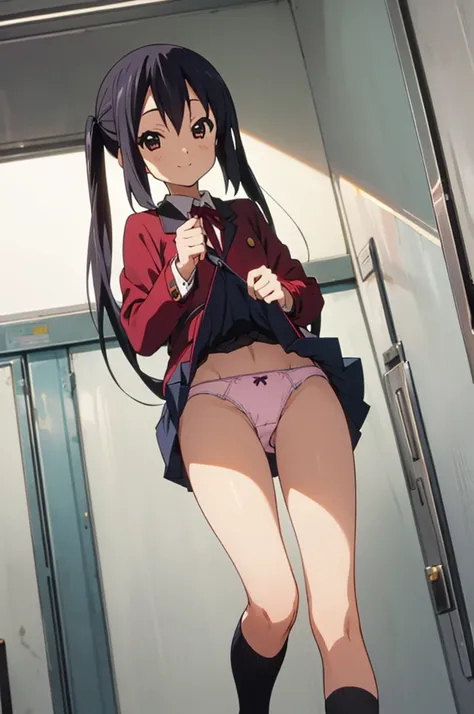 (((picture perfect))), 1girl, solo, azusa nakano, , jacket, looking at viewer, smile,miniskirt,(((lift skirt,panties)))