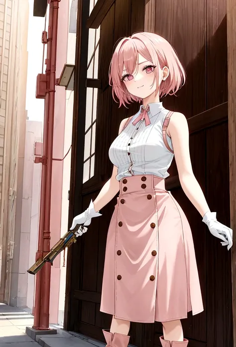 20 years old, with short pink hair just below the shoulders, pale pink eyes, and an expression that is serious yet happy. She dresses in an antique style, wearing a long light brown skirt, a sleeveless white blouse with a vertical red line down the center ...