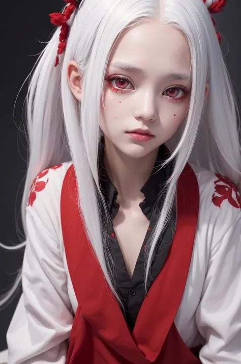 A girl with white hair, red eyes and red root-like spot spread across the body.