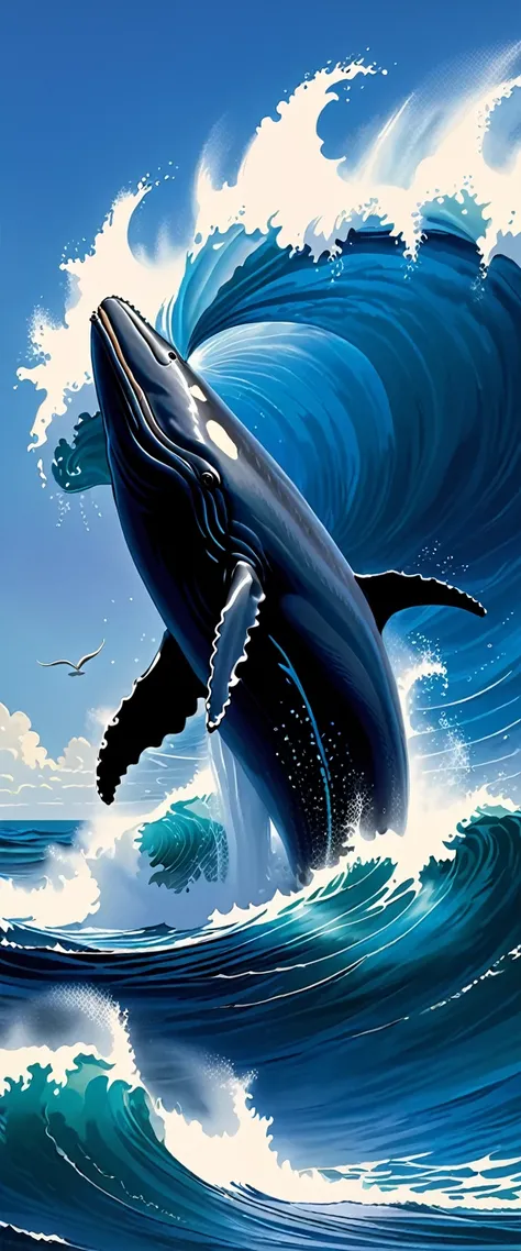 Gentle breezes gather together and become the blue of the sky. Raging waves pile up and become the blue of the sea. If it is filled with our prayers, the blue of hope that all our parents have longed for will be revived.　A giant whale jumping