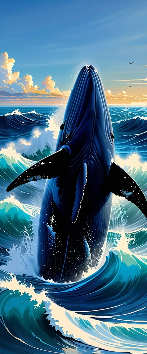 Gentle breezes gather together and become the blue of the sky. Raging waves pile up and become the blue of the sea. If it is filled with our prayers, the blue of hope that all our parents have longed for will be revived.　A giant whale jumping