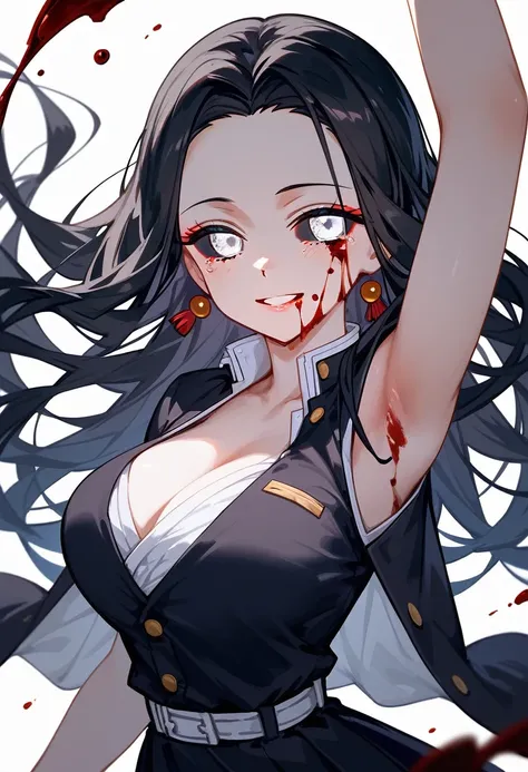 masterpiece, zoom out, score_9, score_8_up, score_7_up, portrait, 1 girl, alone, black hair, long hair, long parted bangs, white eyes, black sclera, (blood tears, small smile), evil, parted lips, expressionless, big breasts, upper body, V-neck strap basic ...