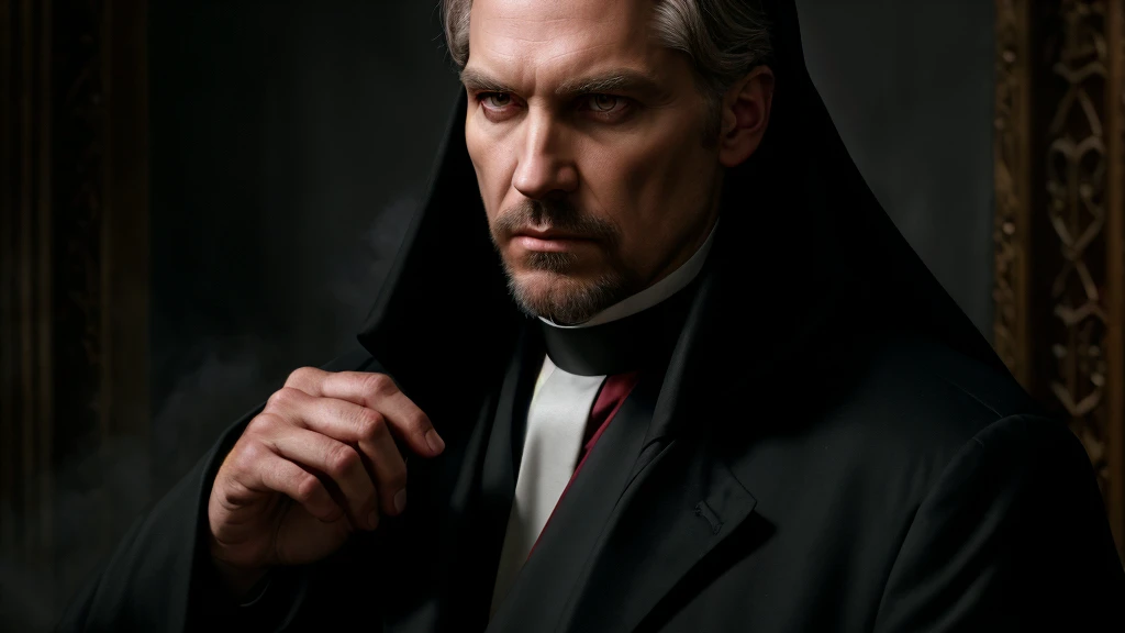 a Protestant pastor, wolf in sheeps clothing, deceptive priest, sinister minister, manipulative religious figure, hypocritical clergyman, detailed portrait, intense gaze, chiaroscuro lighting, dramatic shadows, somber color palette, gothic atmosphere, cine...