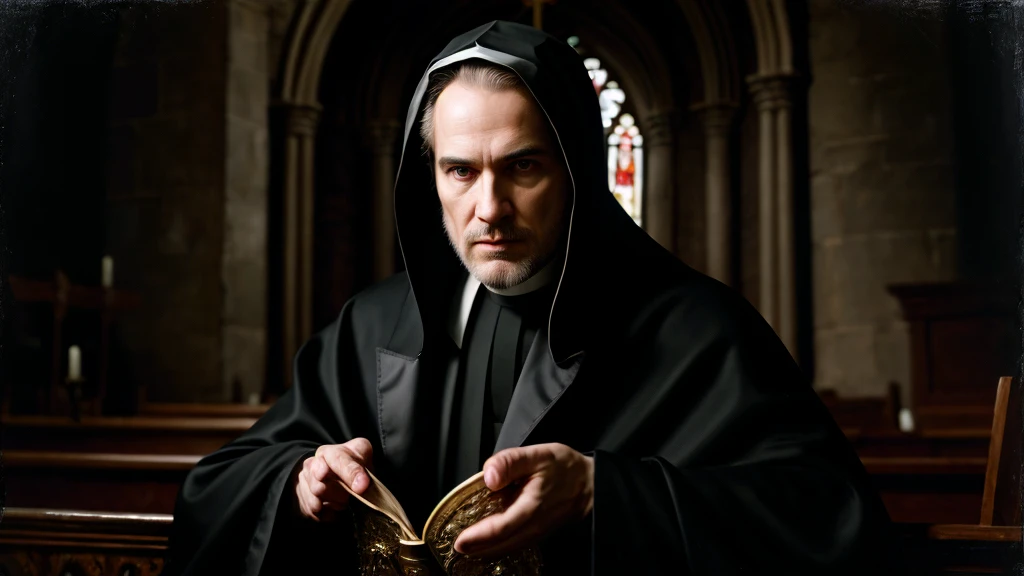 a Protestant pastor, wolf in sheeps clothing, deceptive priest, sinister minister, manipulative religious figure, hypocritical clergyman, detailed portrait, intense gaze, chiaroscuro lighting, dramatic shadows, somber color palette, gothic atmosphere, cine...