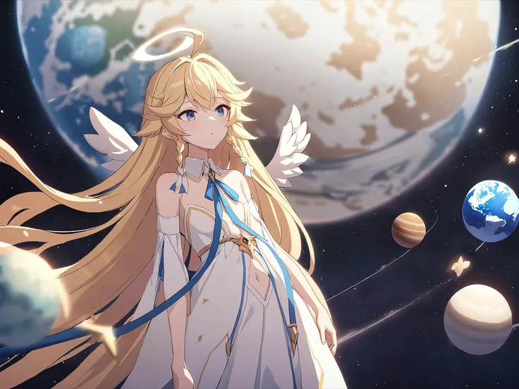 zaora, blue eyes, (variegated eyes:0.5), blonde, very long hair, twin blade, bangs, ahoge, hello, angel, flat chest, white dress...