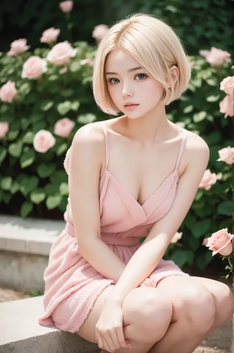 8K, CRU photo, Fujifilm, style photo of a beautiful young woman like Avril in a light pink rose garden (highly detailed skin: 1.2) Style-Petal BREAK short towelless hair, blonde hair with colored highlights, wearing a dress, film grain, 35mm, cute style