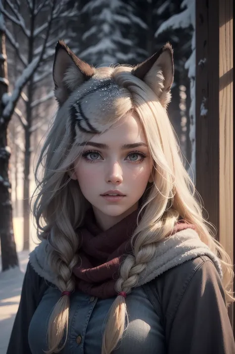 A huge wild gray wolf protecting a beautiful girl with blond hair, snowy forest at night with full moon(masterpiece: 1.5) (photorealistic: 1.1) (bokeh) (best quality) (detailed skin texture pores hair: 1.1) (intricate) (8k) (HDR) (wallpaper) (cinematic lig...