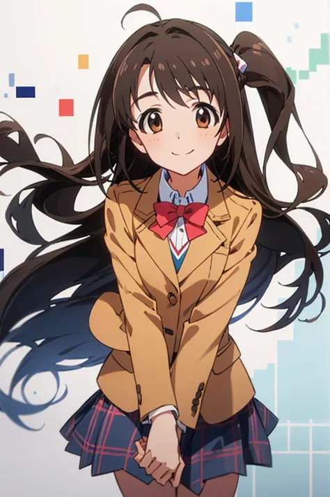 (((pixel-perfect, detail-perfect))), solo, 1girl, uzuki shimamura, , blazer, bow, looking at viewer, smile, v arms