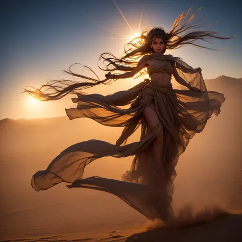 a highly detailed giant bedouin sand girl in the form of a sandstorm flies into the light over a raging desert, giant hot sun ; ...