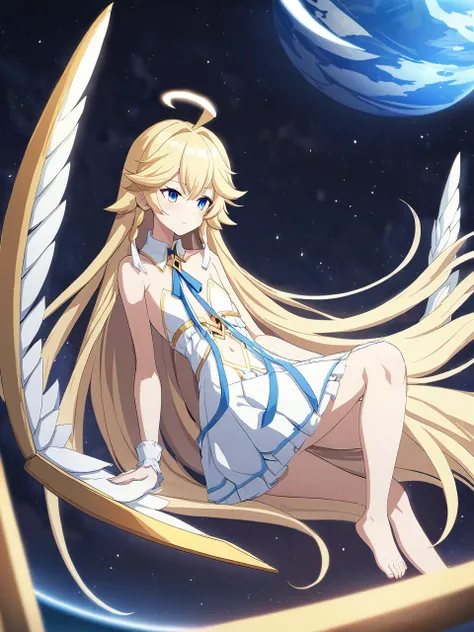 zaora, blue eyes, (variegated eyes:0.5), blonde, very long hair, twin blade, bangs, ahoge, hello, angel, flat chest, white dress...