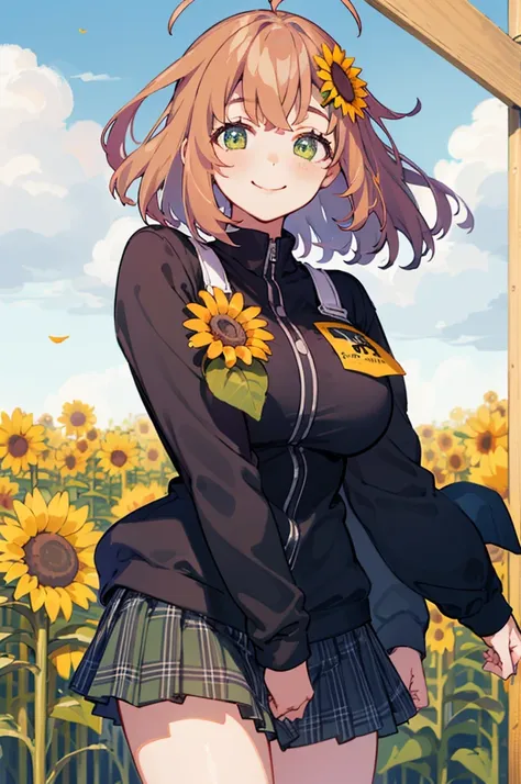 (masterpiece, best quality:1.2), cowboy shot, solo, 1girl, honma himawari, smile, looking at viewer, ahoge, sunflower hair ornament, , black jacket, plaid skirt, sunflower field,huge breasts