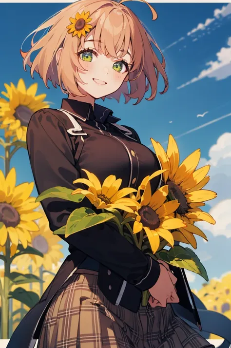 (masterpiece, best quality:1.2), cowboy shot, solo, 1girl, honma himawari, smile, looking at viewer, ahoge, sunflower hair ornament, , black jacket, plaid skirt, sunflower field,huge breasts