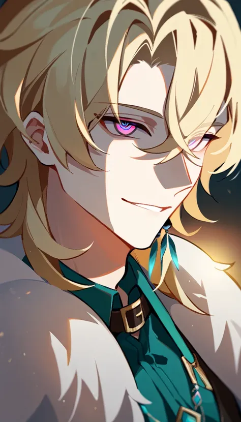 ((в профиль)) (1boy, solo, solo focus), смеется, male focus, bishounen, pale skin, aventurine, blonde hair, medium hair, (two-tone eyes, purple eyes, blue eyes), (perfect face, perfect eyes:1.2), seductive smile, BREAK, (portrait:1.2), indoors, simple back...