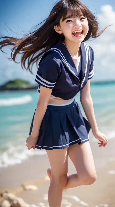 (((very loud laugh)))、1girl,(((Frontal bust shot angle))),Wide open chest、(((Okinawa ocean)))、(((White sand beaches in Okinawa)))、8K  UHD、Digital single-lens reflex camera、High resolution、Shallow depth of field、Natural light、(((Sailor suit)))、(((navy blue ...