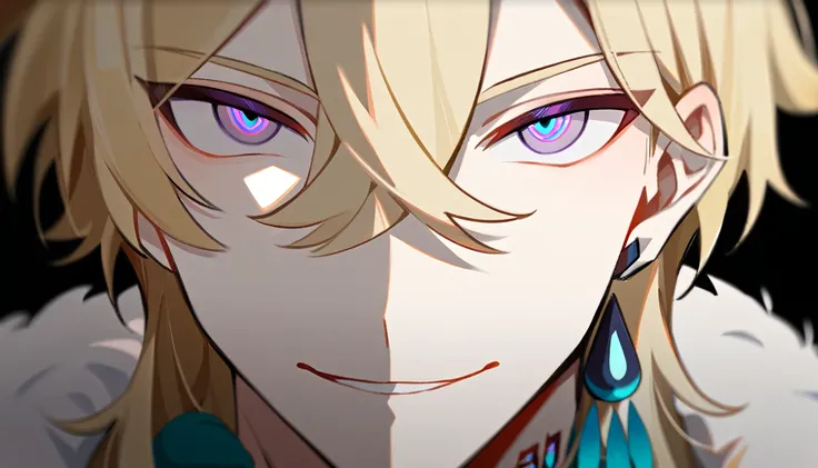 ((в профиль)) (1boy, solo, solo focus), смеется, male focus, bishounen, pale skin, aventurine, blonde hair, medium hair, (two-tone eyes, purple eyes, blue eyes), (perfect face, perfect eyes:1.2), seductive smile,  simple background, казино, монеты