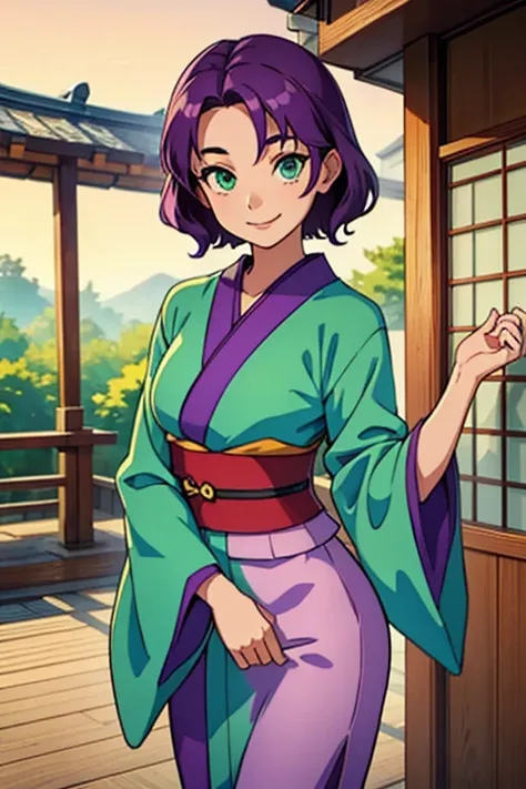 teenager woman , green eyes , dressed in a typical Japanese kimono, short wavy purple hair, friend smile