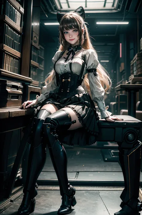 1girl, solo, cowboy shot,  smile,  underbust, Penny Polendina, long hair, neck ribbon, suspender skirt, corset, black bow, white blouse, mechanical legs, neon trim, indoors, sitting in cyberpunk library, crowd, (crowd wearing cyberpunk fashion)

