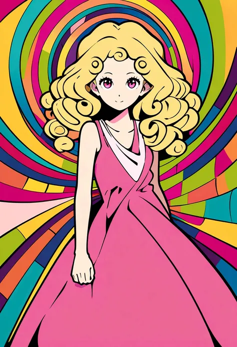 An iconic logo of a  wearing a pink dress, blonde curly hair, design simples, vectorial art, Minimum