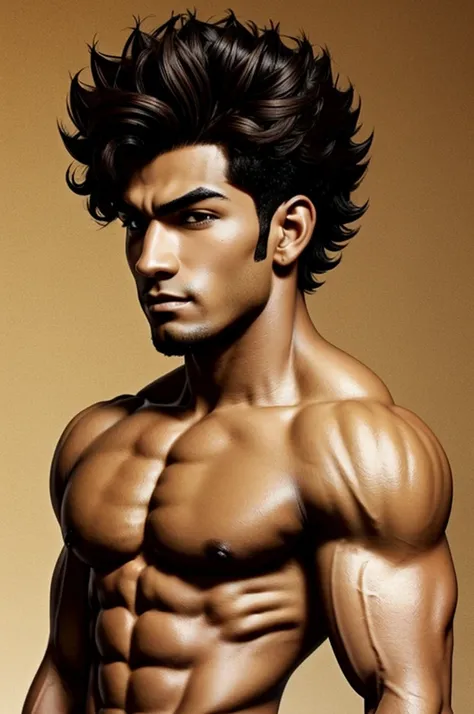 Muscular cartoon anime character with short curly hair shaved from the sides of brown skin 
