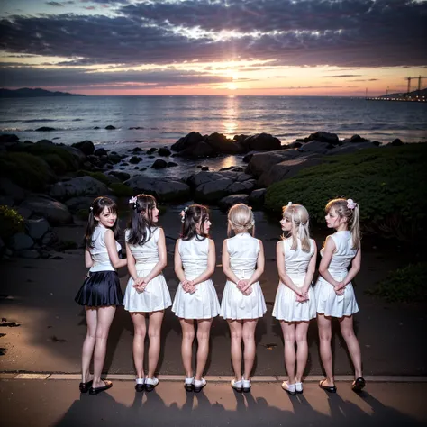 ((ExtremelyDetailed (12 KAWAII Girls in a row:1.37) in WHITE at Dusk Enoshima Beach)), (masterpiece 8K TopQuality) (ProfessionalPhoto:1.37), {(Standing Full Body:1.2)|(from below:1.2)}, Different types of hair colors, {School Uniform|naked bandage|tutu}, P...