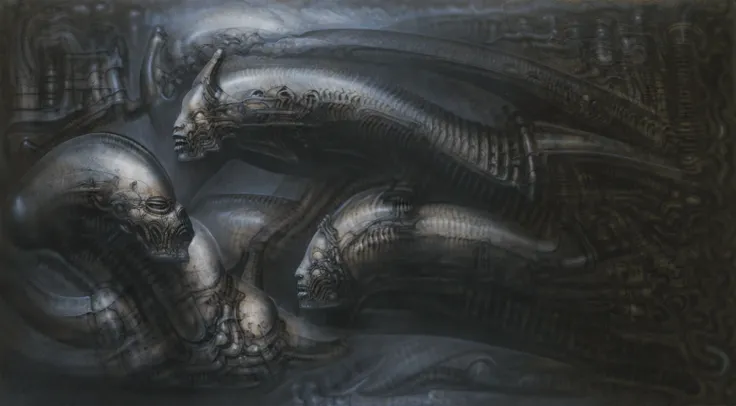 the image is a detailed view of h.r. giger's \" landscape xvi \" plate, featuring a complex network of bones and organs in a pur...