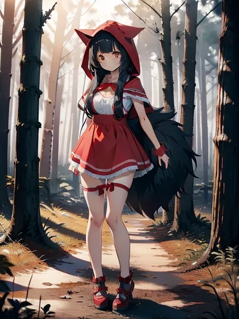 wide shot, full body, 1girl, Sexy Little Red Riding Hood, basket , dark forest, big dark grey wolf 