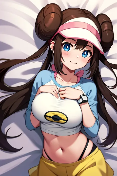 ​masterpiece, top-quality, hight resolution, RO1, Hair buns, blue eyess, Twin-tailed, Visor Cap, raglan sleeves, Yellow shorts, The shirt, Pink ribbon, Watches,large full breasts、、appealing breast、breastso、sexy tummy,  tetas grandes, solo, 1girl, BEDROOM b...