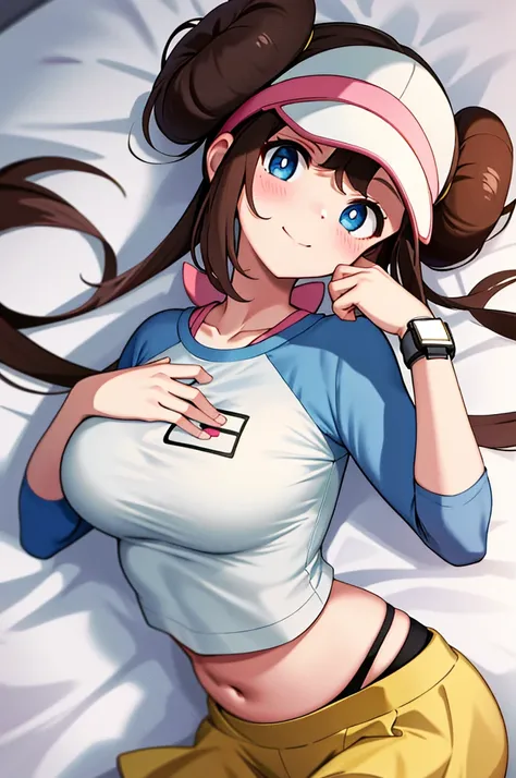 ​masterpiece, top-quality, hight resolution, RO1, Hair buns, blue eyess, Twin-tailed, Visor Cap, raglan sleeves, Yellow shorts, The shirt, Pink ribbon, Watches,large full breasts、、appealing breast、breastso、sexy tummy,  tetas grandes, solo, 1girl, BEDROOM b...