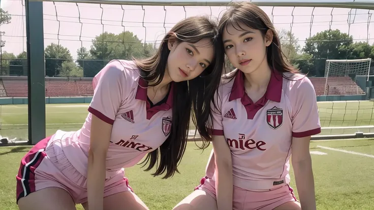 deux femmes ensemble de 18 ans sexy et mince , pink short sleeve football uniform, salle de classe, se touche,position sey,sensuel