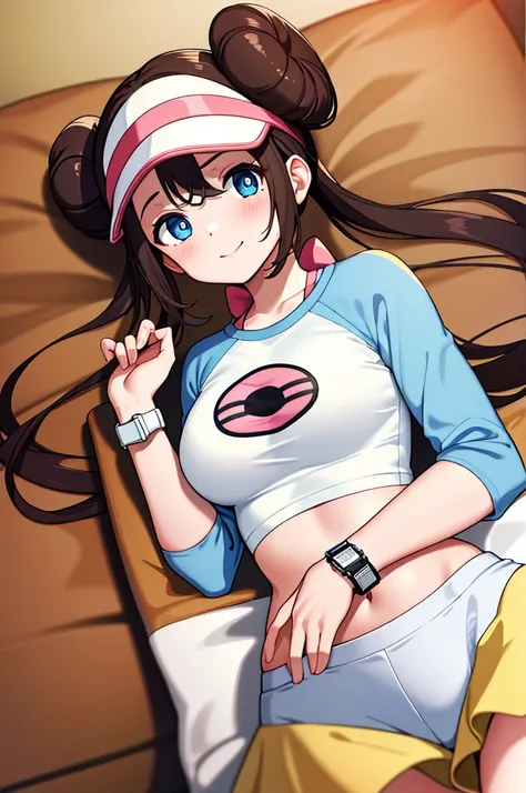 ​masterpiece, top-quality, hight resolution, RO1, Hair buns, blue eyess, Twin-tailed, Visor Cap, raglan sleeves, Yellow shorts, The shirt, Pink ribbon, Watches,large full breasts、、appealing breast、breastso、sexy tummy,  tetas grandes, solo, 1girl, BEDROOM b...