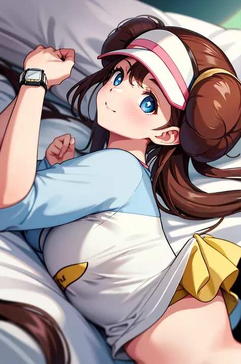 ​masterpiece, top-quality, hight resolution, RO1, Hair buns, blue eyess, Twin-tailed, Visor Cap, raglan sleeves, Yellow shorts, The shirt, Pink ribbon, Watches,large full breasts、、appealing breast、breastso、sexy tummy,  tetas grandes, solo, 1girl, BEDROOM b...