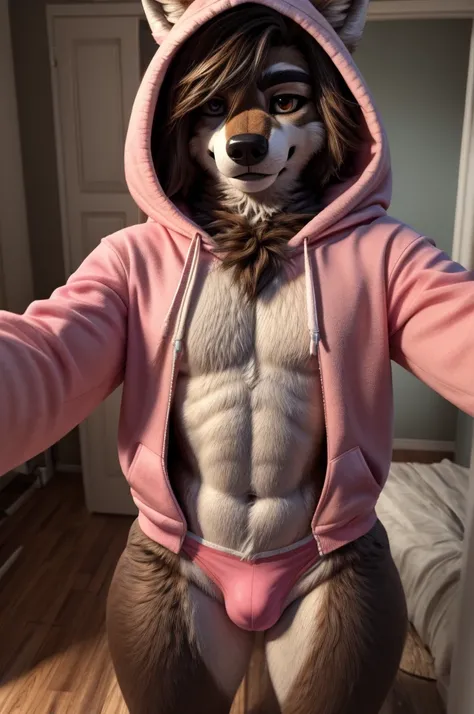 wolf femboy nsfw fursuit 18 year old and fluffy added hair long brown realistic thick thigh thicc peach  underwear hoodie pov selfie 