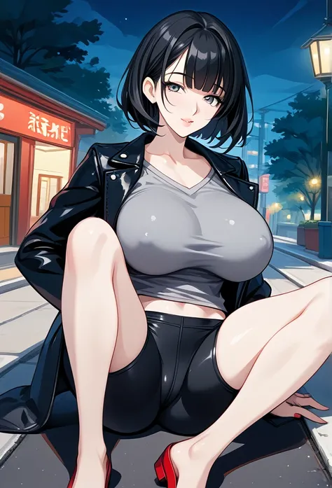 mature woman, mature face, hot face, glossy lips, (black hair, short hair, hime bangs), mature body, big breast, gray shirt, tight shirt, puffing chest out, (black leather jacket), tight pants, big ass, sidewalk, spreading legs, (night), front view